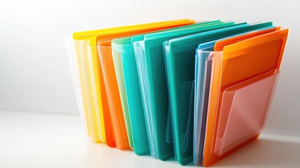 A set of three folders with clear pockets, showcasing their contents against a bright white backdrop for organizational clarity