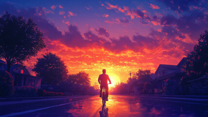 Fototapeta premium A middle aged Arabian businessman rides his electric bike through a peaceful suburban neighborhood, enjoying the calm after a busy day in the city. The sky is ablaze with colors from the setting sun.