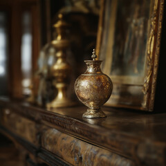 An exquisite ornate vase with intricate golden details, capturing a classic and timeless aesthetic.