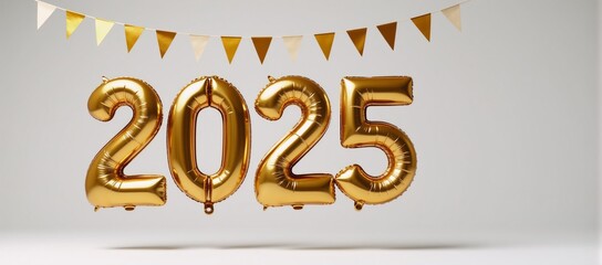 Gold air balloon numerals 2025 float on a white backdrop for a Happy New Year celebration scene