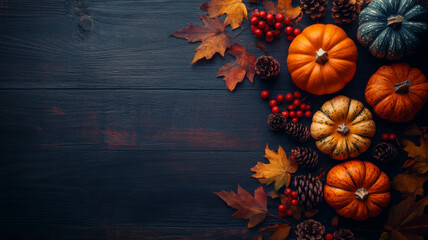 Large and small pumpkins, autumn leaves in various hues, clusters of berries, and pine cones on a rich dark wooden background, capturing the warmth of the fall season.