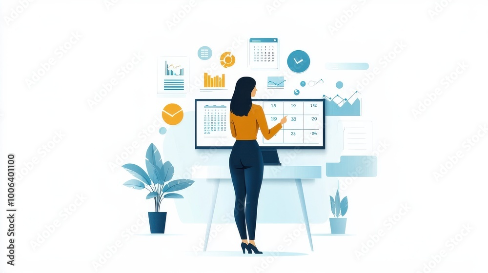 Wall mural a businesswoman is standing in front of a large screen, setting monthly goals using a digital calend