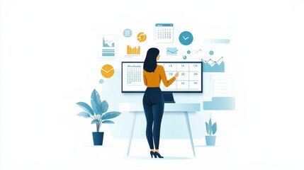 A businesswoman is standing in front of a large screen, setting monthly goals using a digital calendar tool in a modern office., flat design illustration