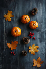 Golden and orange leaves, small pumpkins, red berries, and pine cones laid out on a dark wooden surface, embodying the essence of a rustic autumn scene.
