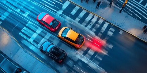 A red car is following a yellow taxi as it turns left on a busy street. The scene is bustling with activity as several other cars are also driving down the road