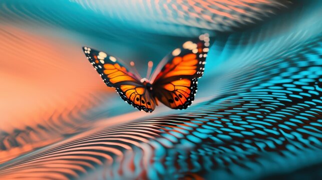A butterfly flapping its wings, sending waves of energy across an abstract landscape, the "butterfly effect" of small actions creating larger reactions