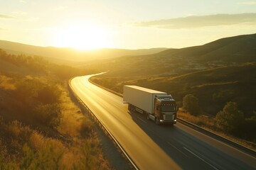 A large semi truck is driving down a road with a beautiful sunset in the background. Concept of freedom and adventure, as the truck travels through the open countryside