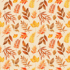 Vibrant watercolor autumn leaves seamless pattern. Fall foliage for seasonal designs, hand-painted colorful dry leaves