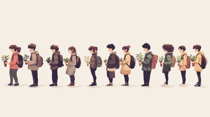 Fototapeta premium Poster depicting activists watering plants and picking up trash. Ecologists and activists care about nature and the environment. Cartoon flat modern illustration.