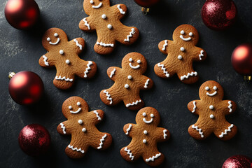 Showcase a top view of gingerbread men cookies artfully arranged on a dark granite surface. Interspersed with glossy Christmas ornaments, the layout is festive and inviting, with shadows adding depth