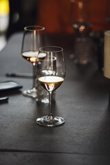 Wine tasting preparation. Various wines in glasses without name. Blind degustation.