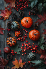 Various pumpkins, orange and red leaves, clusters of bright berries, and rustic pine cones, spread across a weathered dark wood table, creating a cozy autumnal feel.