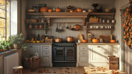 A cozy autumn wallpaper of a countryside cottage kitchen with earthy tones, featuring wooden shelves, a rustic stove, and pumpkins, filling the space with warmth and rustic charm.