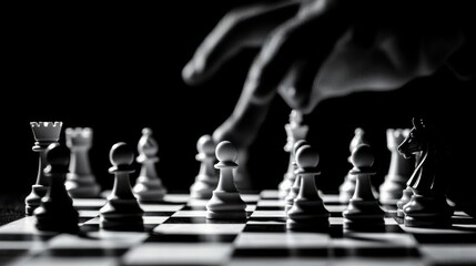 A chessboard with several pieces placed at strategic points, careful planning and backup strategies, with shadowy hands hovering over the pieces, ready to make the next move
