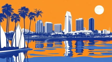 An illustration of San Diego, California, USA that is a Risograph print. This poster is a modern, isolated, clear, and simple representation. This poster is artistic, stylistic, screen printed,