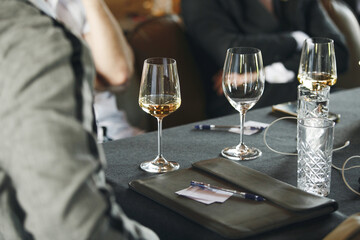 Sommelier school. Professional wine waiters are trained, close up. Winemaking courses, wine tasting. 