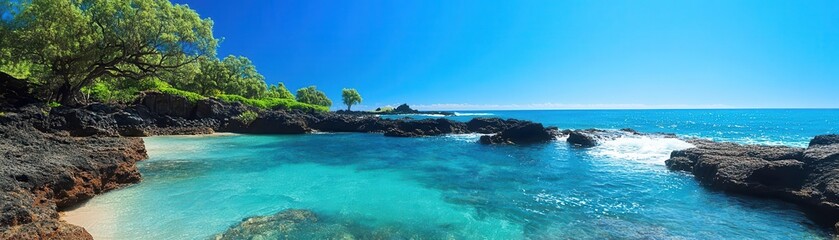 Fototapeta premium A serene beach scene with clear turquoise water and lush greenery, perfect for a tropical escape or vacation setting.