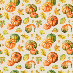 Vibrant pumpkins, fall foliage seamless pattern. Autumn watercolor hand-painted nature pattern seasonal print, Fabric