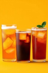 Refreshing iced tea drinks on yellow background