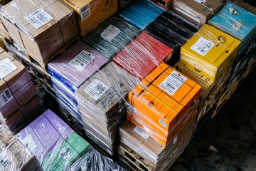 Fototapeta premium A pile of various colored cardboard boxes wrapped in plastic film with labels on them, standing up against the wall. 