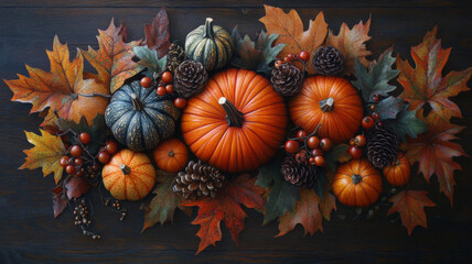 Large and small pumpkins, autumn leaves in various hues, clusters of berries, and pine cones on a rich dark wooden background, capturing the warmth of the fall season.