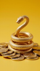 Obraz premium A gold-colored serpent intricately entwined on a pile of sparkling coins represents New Years 2025 and signifies wealth and prosperity