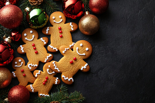 An enticing top-down view showcases a collection of gingerbread men cookies, each uniquely decorated, lying next to bright and shiny Christmas ornaments on a black backdrop, creating a warm and