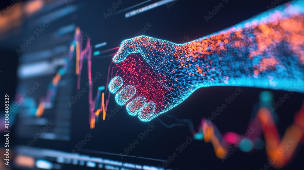 Poster a desk with a computer screen showing a digital handshake between two abstract figures, highlighting