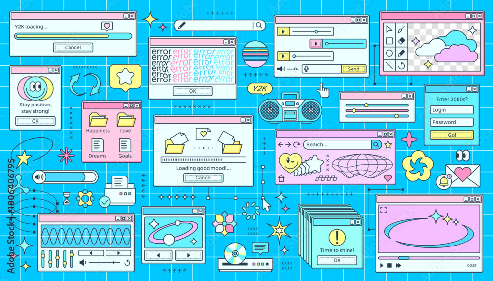 Poster Y2k computer pc windows, retro page interface, vector UI. Old desktop computer screen icons, y2k vaporwave browser windows, error warning message, aesthetic software dialog and chat boxes