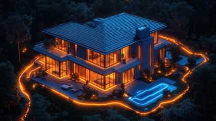 Modern illuminated house surrounded by a glowing pathway at night.