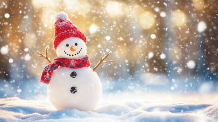 Obraz premium Cheerful snowman in soft falling snow, bright playful design, joy and wonder of winter season.