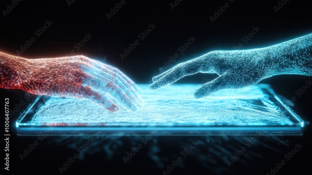 Poster a digital hand passing a glowing document across a virtual workspace to another hand from a differen