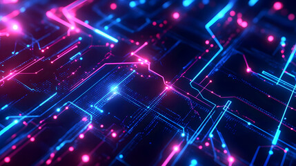 Glowing Neon Circuits and Patterns in Abstract Technology
