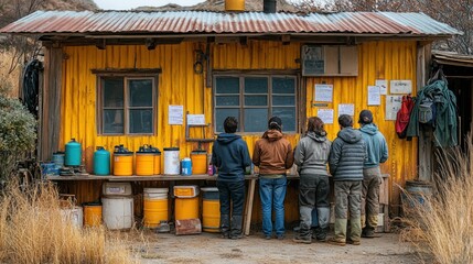 Group of Hikers at a Remote Cabin