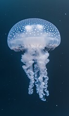 A translucent jellyfish with white spots floats in a dark blue ocean.
