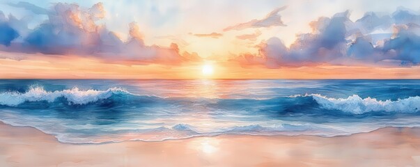 Obraz premium A serene sunset over the ocean, with gentle waves crashing on the shore, creating a peaceful and tranquil scene.