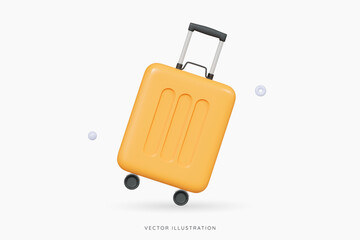 3D Yellow wheeled suitcase for travel. Cabin luggage. Plastic bag for flight. Journey concept. Time to tourism and vacation. Booking your next trip. Cartoon design icon. 3D Vector illustration