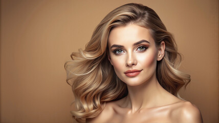 Fototapeta premium Blonde woman with voluminous waves and subtle makeup on beige background