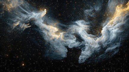 space nebula background. The lighting is dramatic and hints of silver, gold, and blue shimmer in the light on a black background. It evokes feelings 