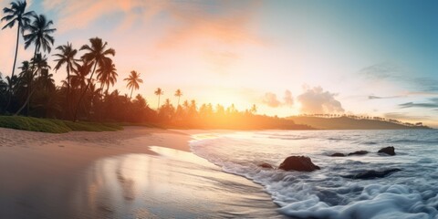 Obraz premium Tropical Tranquil Sunrise Beach Scene with Palm Trees and Gentle Waves. Idyllic Vacation Destination