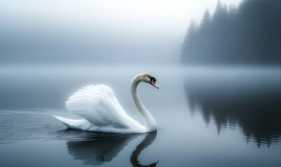 Obraz premium A white swan gracefully swims on a misty lake with a silhouette of trees in the background.
