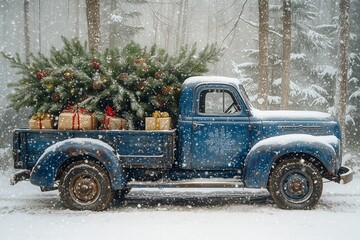 vintage blue truck carrying a Christmas tree and gifts in the snow, a Christmas card background