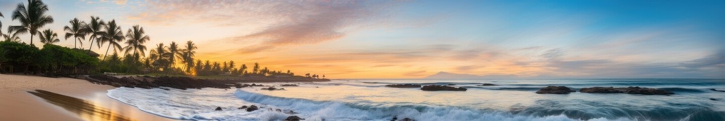 Tropical Tranquil Sunrise Beach Scene with Palm Trees and Gentle Waves. Idyllic Vacation Destination. Panoramic View