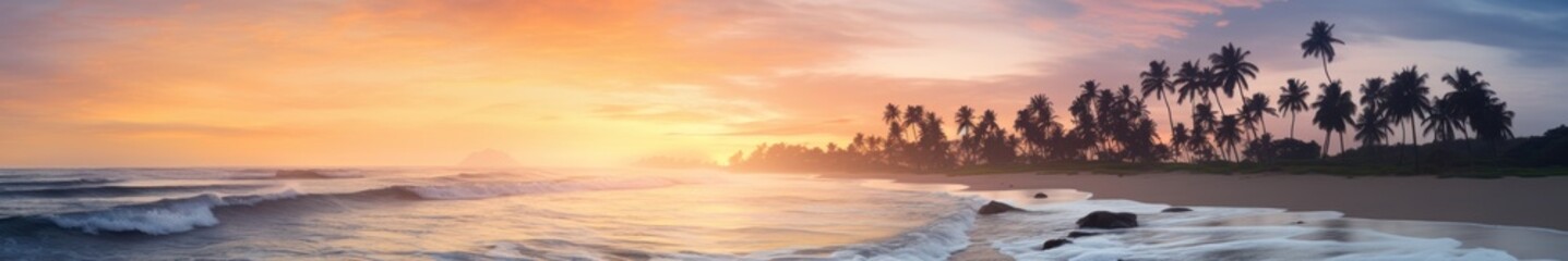 Obraz premium Tropical Tranquil Sunrise Beach Scene with Palm Trees and Gentle Waves. Idyllic Vacation Destination. Panoramic View