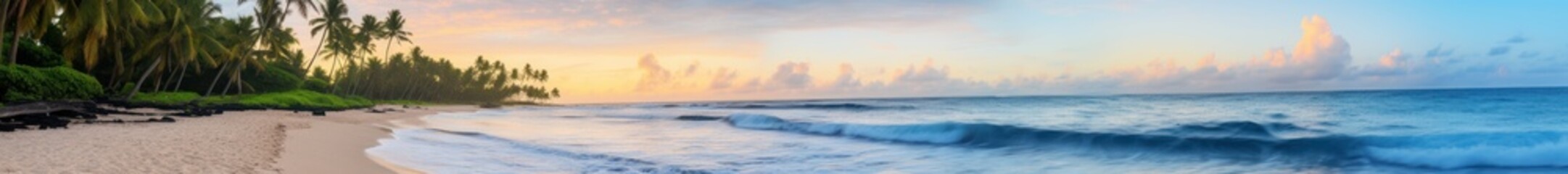 Tropical Tranquil Sunrise Beach Scene with Palm Trees and Gentle Waves. Idyllic Vacation Destination. Panoramic View
