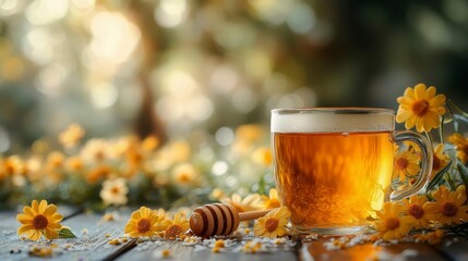 A glass of amber beer surrounded by yellow flowers and a honey dipper on a wooden table.
