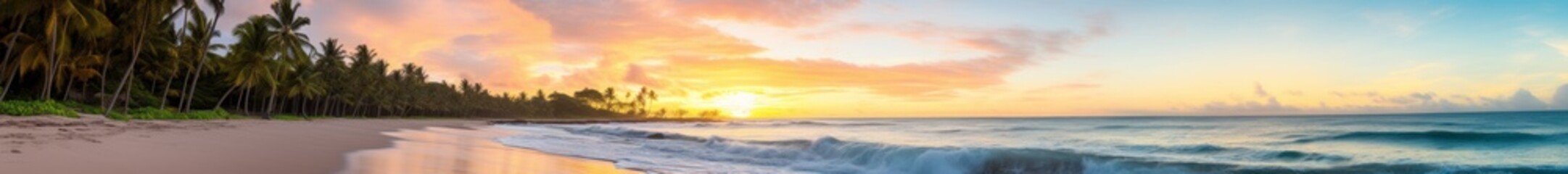 Tropical Tranquil Sunrise Beach Scene with Palm Trees and Gentle Waves. Idyllic Vacation Destination. Panoramic View