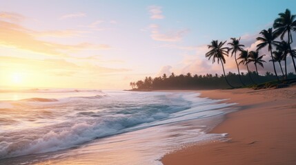 Tropical Tranquil Sunrise Beach Scene with Palm Trees and Gentle Waves. Idyllic Vacation Destination