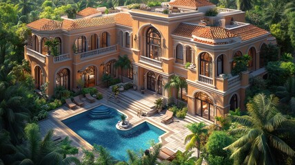 Luxurious villa with a pool surrounded by lush greenery.