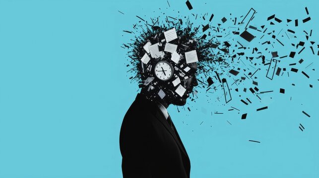 A fragmented silhouette of a person, with their head exploding into shards of papers, emails, and clock faces, representing stress and fragmentation from handling too much work